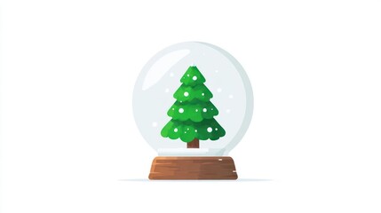 A charming miniature christmas tree encased in a clear glass snow globe with a wooden base on a white background