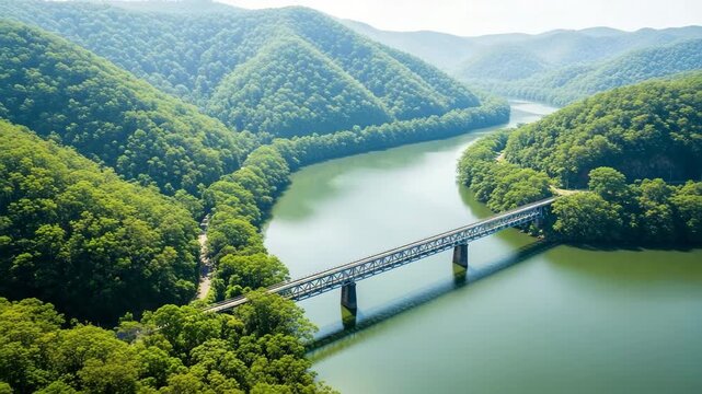 Aerial view of a railway bridge crossing a river surrounded by lush green forest