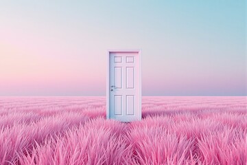 A lone closed door stands in a vibrant pink grassy landscape with a pastel gradient sky background. Surreal concept of mystery, opportunity, imagination. Ai generative