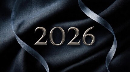 Elegant metallic silver digits of the year 2026 illuminated against a dark background with flowing abstract ribbons