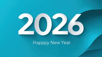 Modern and elegant happy new year 2026 greeting card design with abstract blue wave background