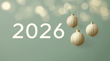 Festive new year 2026 greeting with hanging ornaments and soft bokeh lights background