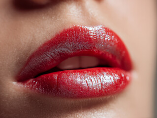 Obraz premium Close-up of glossy red lips with perfect vibrant lipstick highlighting smooth skin texture and natural lip shape in soft lighting