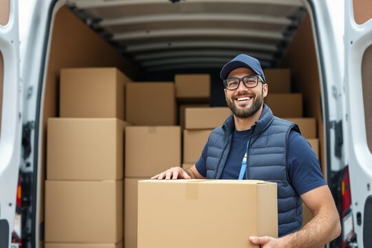 Smiling delivery man holding box near van packed with cartons, realistic style, outdoor background, concept of shipping and logistics. Ai generative
