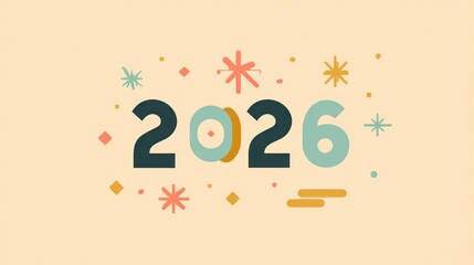 Festive and colorful 2026 new year celebration with abstract shapes and sparkles on a light background
