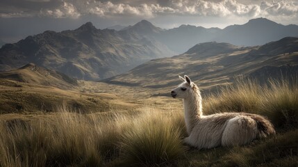 Naklejka premium Llama Resting in Andes Mountains Serene Landscape Peaceful Animal Scene