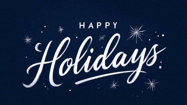 Elegant white script text happy holidays with falling snowflakes on a dark blue background
