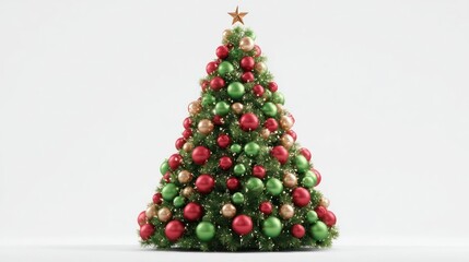 Beautifully decorated christmas tree with red and green ornaments and a star on top against a white background