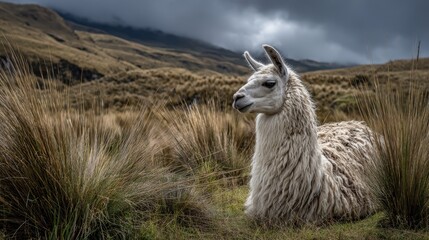Obraz premium Majestic Llama Resting in Andean Highlands with Dramatic Sky