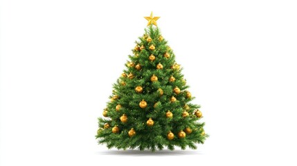 Beautifully decorated green christmas tree with golden ornaments and star topper on white background