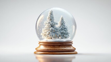 Magical winter snow globe featuring miniature snow covered pine trees and a subtle golden base