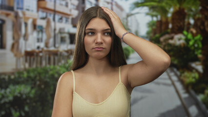 Caucasian teenage girl adjusts long hair on sunlit street lined with palm trees and cafe tables;...