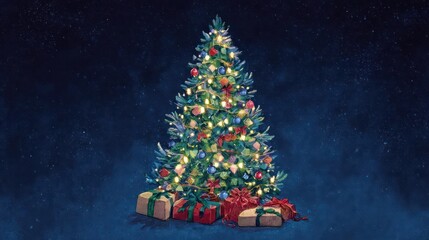 Beautifully decorated christmas tree with glowing lights and wrapped presents under a starry night sky