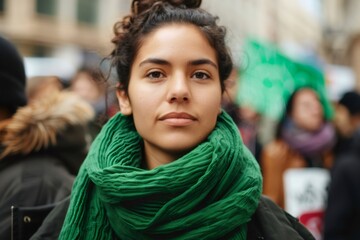Young woman with green scarf demonstrating at protest