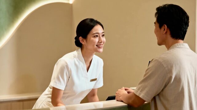 Smiling Asian Receptionist Welcomes Male Client at Modern Spa or Hotel Desk