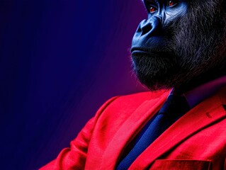 Business gorilla dressed in bold suit poses confidently against a colorful background