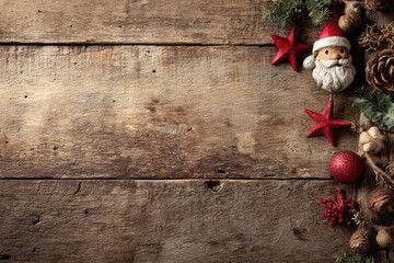 Rustic wooden background with christmas decorations including santa claus pine cones and red ornaments