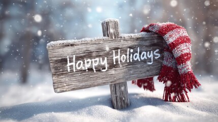 Rustic wooden sign with happy holidays message wrapped in a cozy red scarf in a snowy winter forest