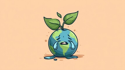 Sad crying earth character with growing green leaves symbolizing environmental concerns and climate change