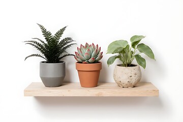 Fototapeta premium On a minimalist floating shelf made of light wood, a harmonious collection of three ornamental potted plants stands out against an immaculate white background.