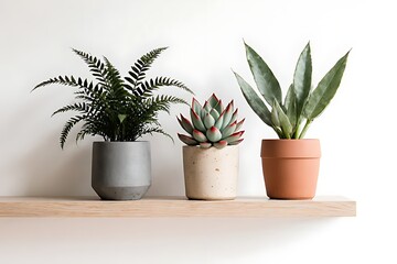 Obraz premium On a minimalist floating shelf made of light wood, a harmonious collection of three ornamental potted plants stands out against an immaculate white background.