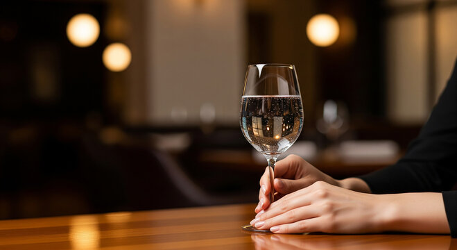 A woman enjoying a glass of white wine in an elegant restaurant or bar, perfect for fine dining, celebrations, and sophisticated lifestyles