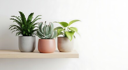 Obraz premium On a minimalist floating shelf made of light wood, a harmonious collection of three ornamental potted plants stands out against an immaculate white background.