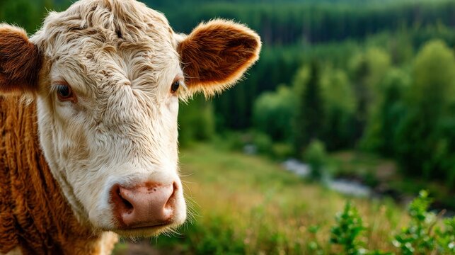 Calm cow enjoys sunlight in a summer meadow with green trees nearby