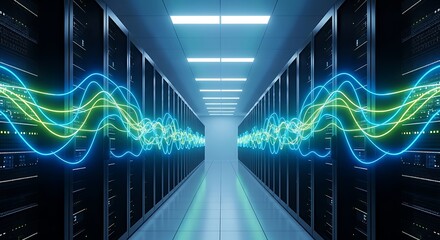 A vast server room, with symmetrical corridors of sleek black server racks, extends to the horizon. Electric blue and lime green light lines flow and pulsate through the server panels
