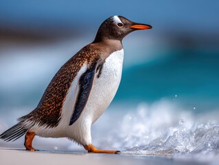 Cheerful gentoo penguin walking along the beach in a sunny day