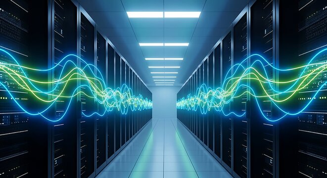 A vast server room, with symmetrical corridors of sleek black server racks, extends to the horizon. Electric blue and lime green light lines flow and pulsate through the server panels