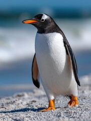 Fototapeta premium Gentoo penguin joyfully walking along the sandy beach by the ocean waves