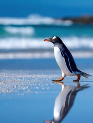 Fototapeta premium Gentoo penguin joyfully walking along a sunny beach in Antarctica