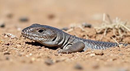 Fototapeta premium Pachycalamus Brevis Lizard Partially Buried in Dry Soil with Only Head Peeking Above Surface