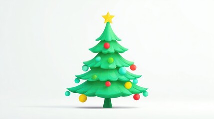Stylized cartoon christmas tree adorned with colorful baubles and a bright yellow star on a clean white background