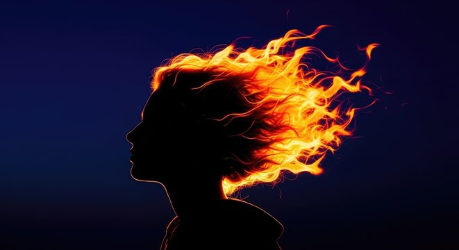 Conceptual Silhouette of Person Head Match with Flame Light Symbolizing Idea and Ignition