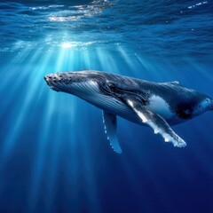 Fototapeta premium Close underwater portrait of a large whale gliding through clear blue waters