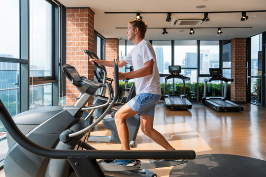 Man exercising on an elliptical trainer in modern gym with city view. Male working out on cardio training machine in fitness studio in residential building. Fitness, wellness, healthy lifestyle - Powered by Adobe