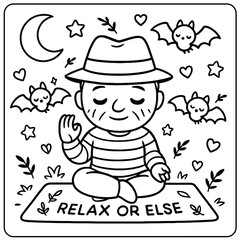 Man in hat meditating with bats moon stars hearts and leaves in black and white drawing