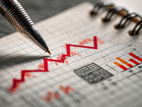 Pen pointing at an ascending red zigzag line on graph paper in a spiral notebook with data visualization and bar charts for business analysis