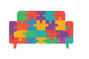 Sofa made of colorful jigsaw puzzle pieces representing concepts of diversity, inclusion, and problem solving