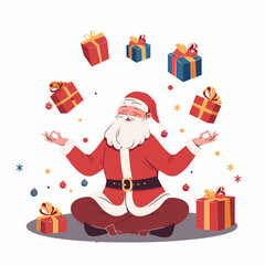 Meditating Santa Claus with Floating Gifts,Funny Christmas Vector Illustration on White Background