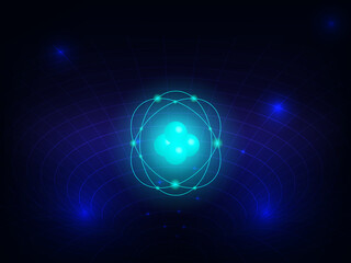 Abstract glowing atom with orbiting electrons over digital grid, symbolizing quantum physics, nuclear energy, scientific innovation, and futuristic technology background.