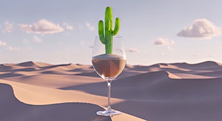 Captivating Surreal Image of a Fluorescent Cactus Inside a Wine Glass in a Desert Landscape