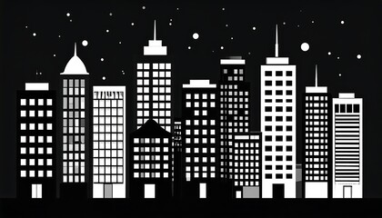 Simple black and white city skyline at night