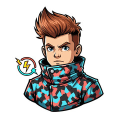 Serious Young Man in Camouflage Jacket with Energy Icon