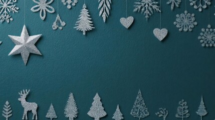 Sparkling silver christmas ornaments including stars trees hearts and reindeer scattered on a dark teal background