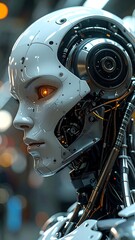 Fototapeta premium Detailed side profile of a futuristic cyborg, featuring glowing eyes and intricate mechanics