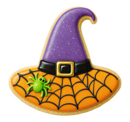 Halloween witch hat sugar cookie with purple and orange icing, a spiderweb, and a green spider decoration, Isolated on Transparent and White Background