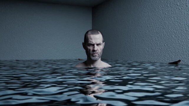 Homme debout dans l&rsquo;eau dans une pi&egrave;ce grise et silencieuse